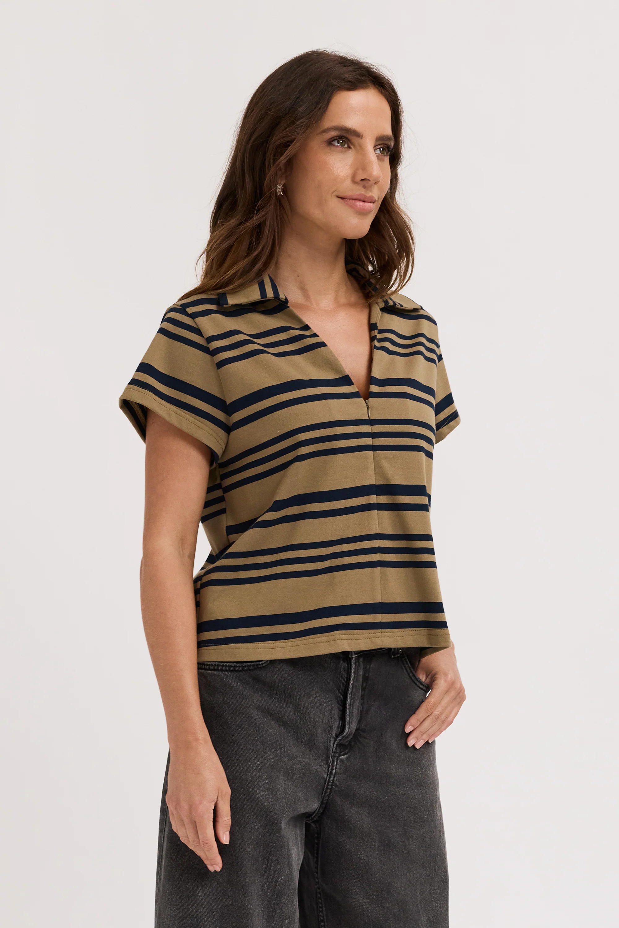 Alba Stripe Zip Front Tee - Khaki / Navy - Image 4