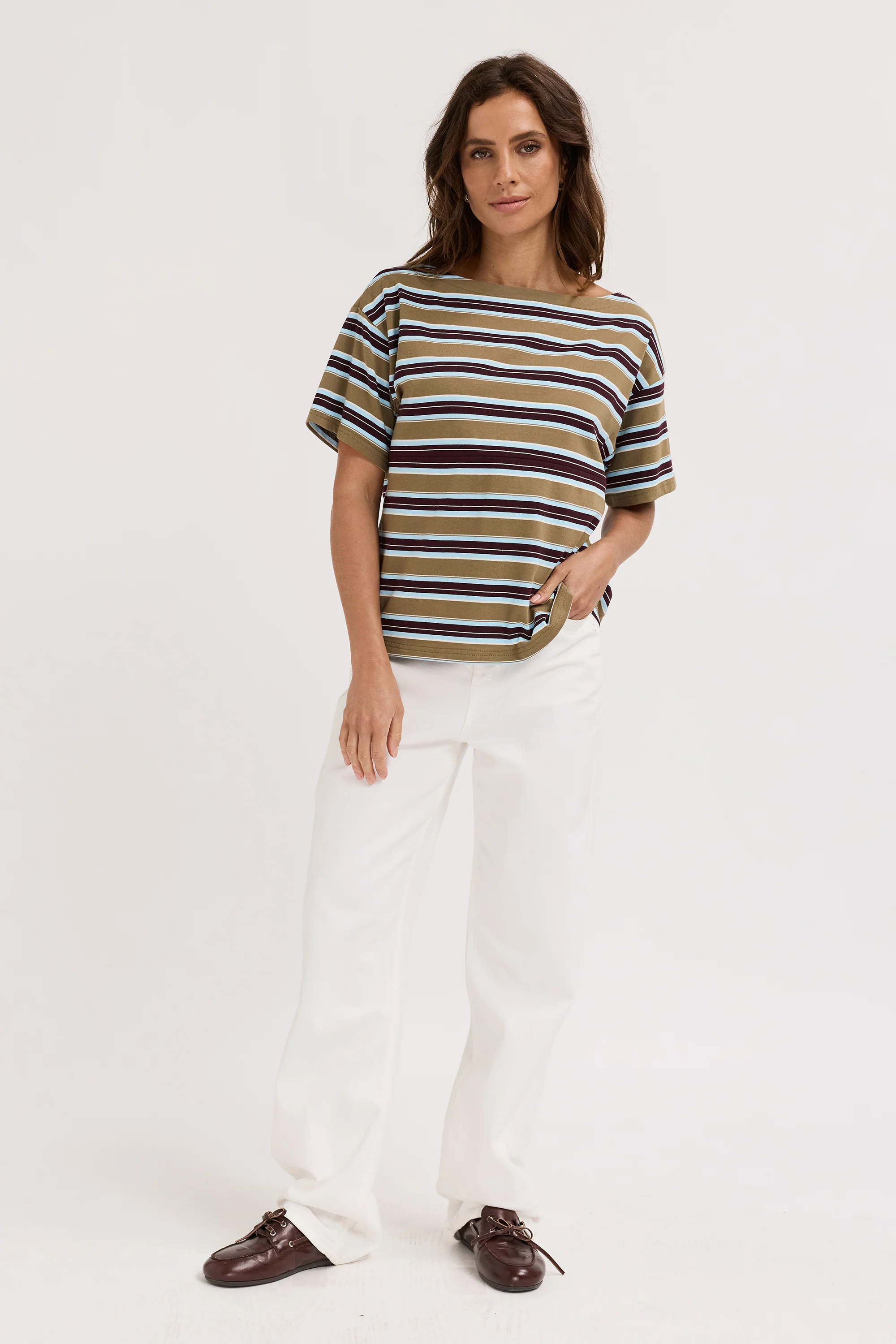 Aria Stripe Boatneck Panel Tee - Olive Multi