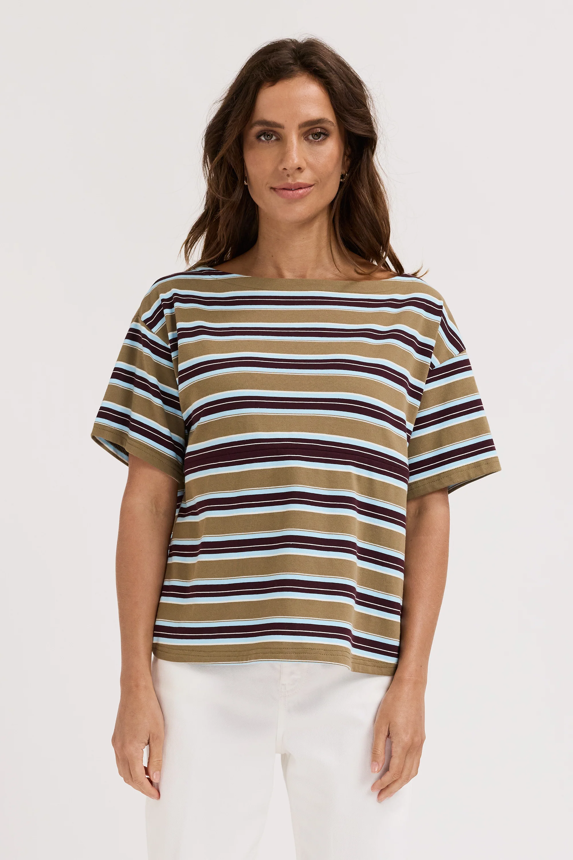 Aria Stripe Boatneck Panel Tee - Olive Multi - Image 3