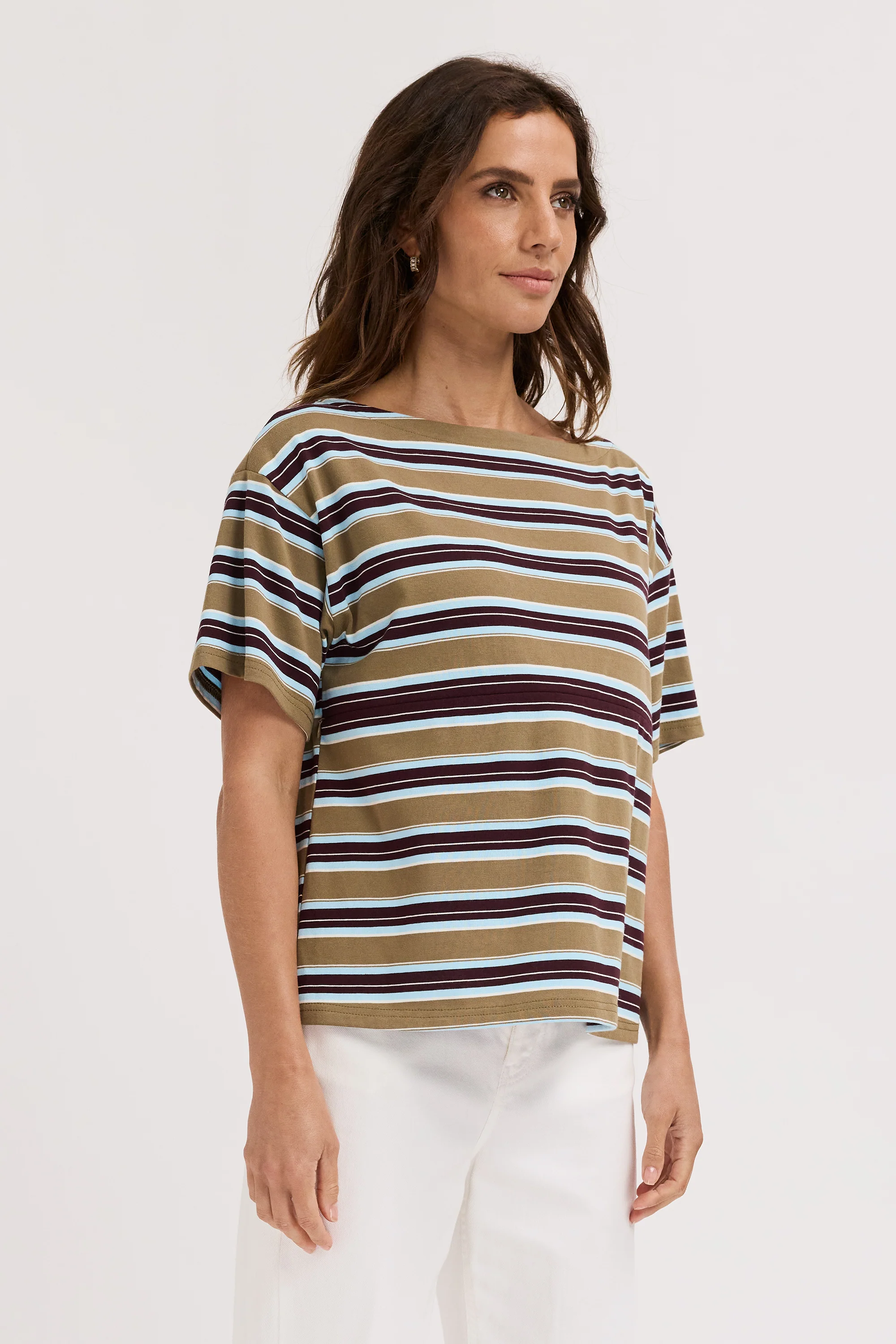 Aria Stripe Boatneck Panel Tee - Olive Multi - Image 4
