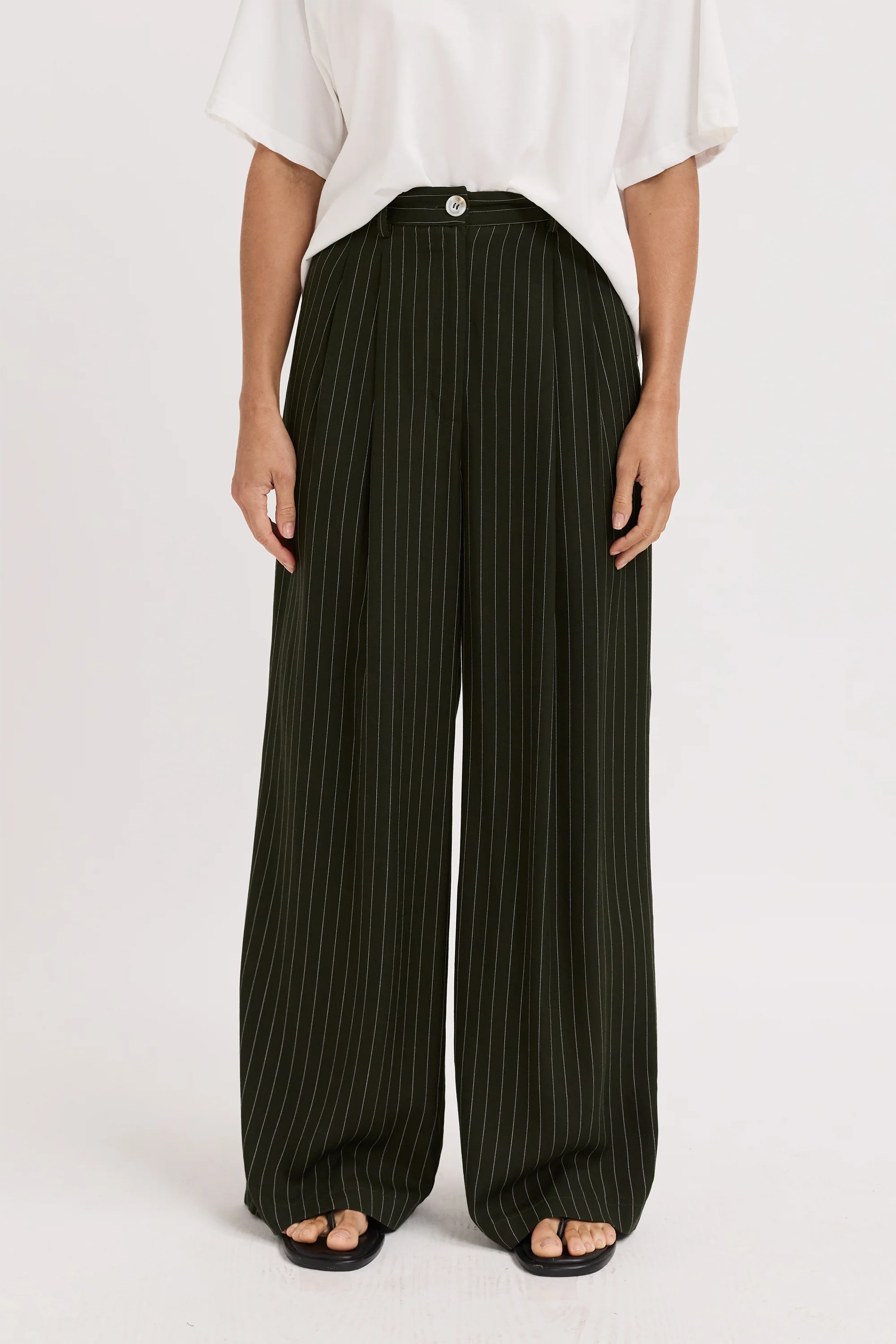 Bambi Pinstripe Adjustable Wide Leg Trouser - Pine Green - Image 3