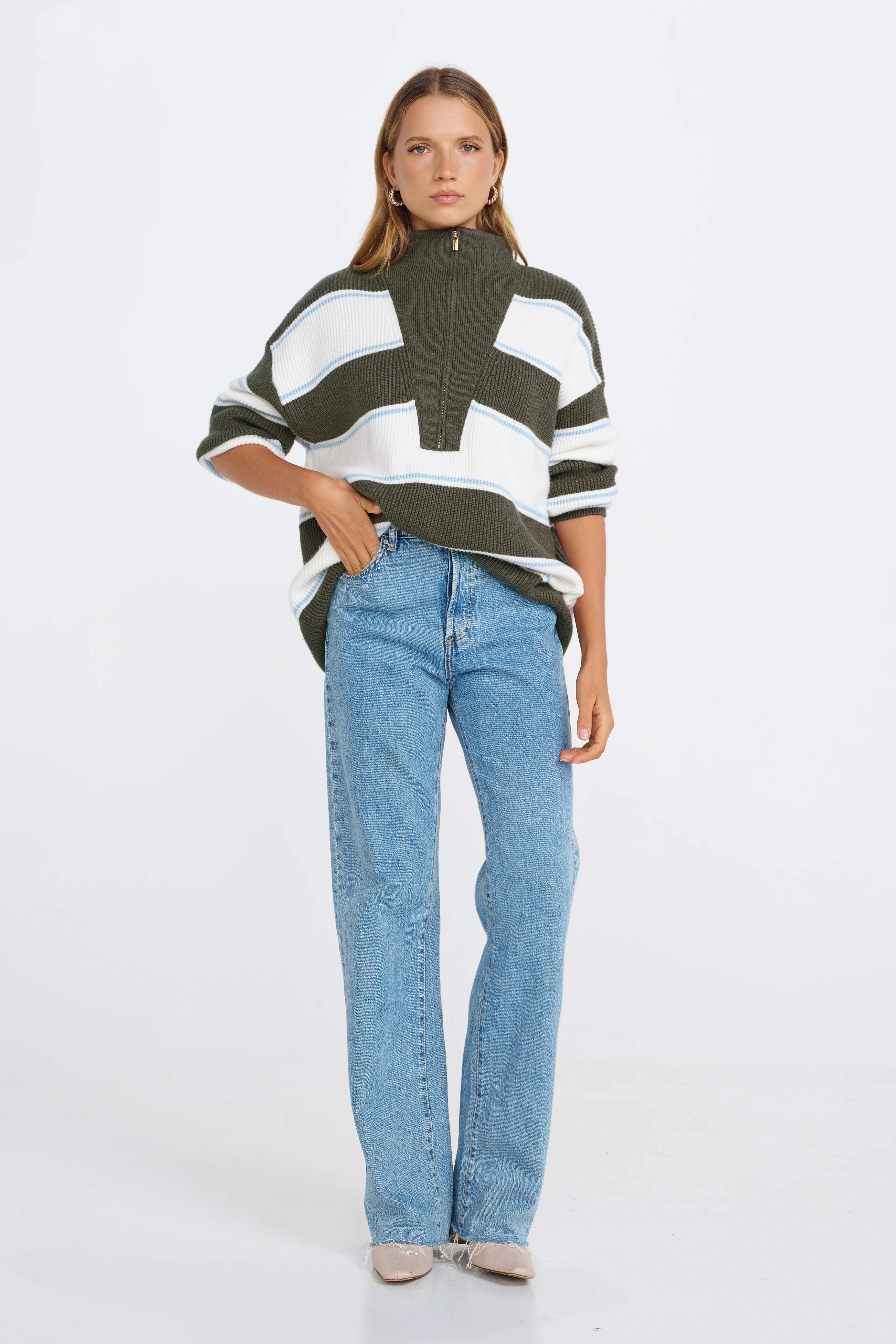 Beatrix Zip Knit Jumper - Green / White / Blue - Image 10