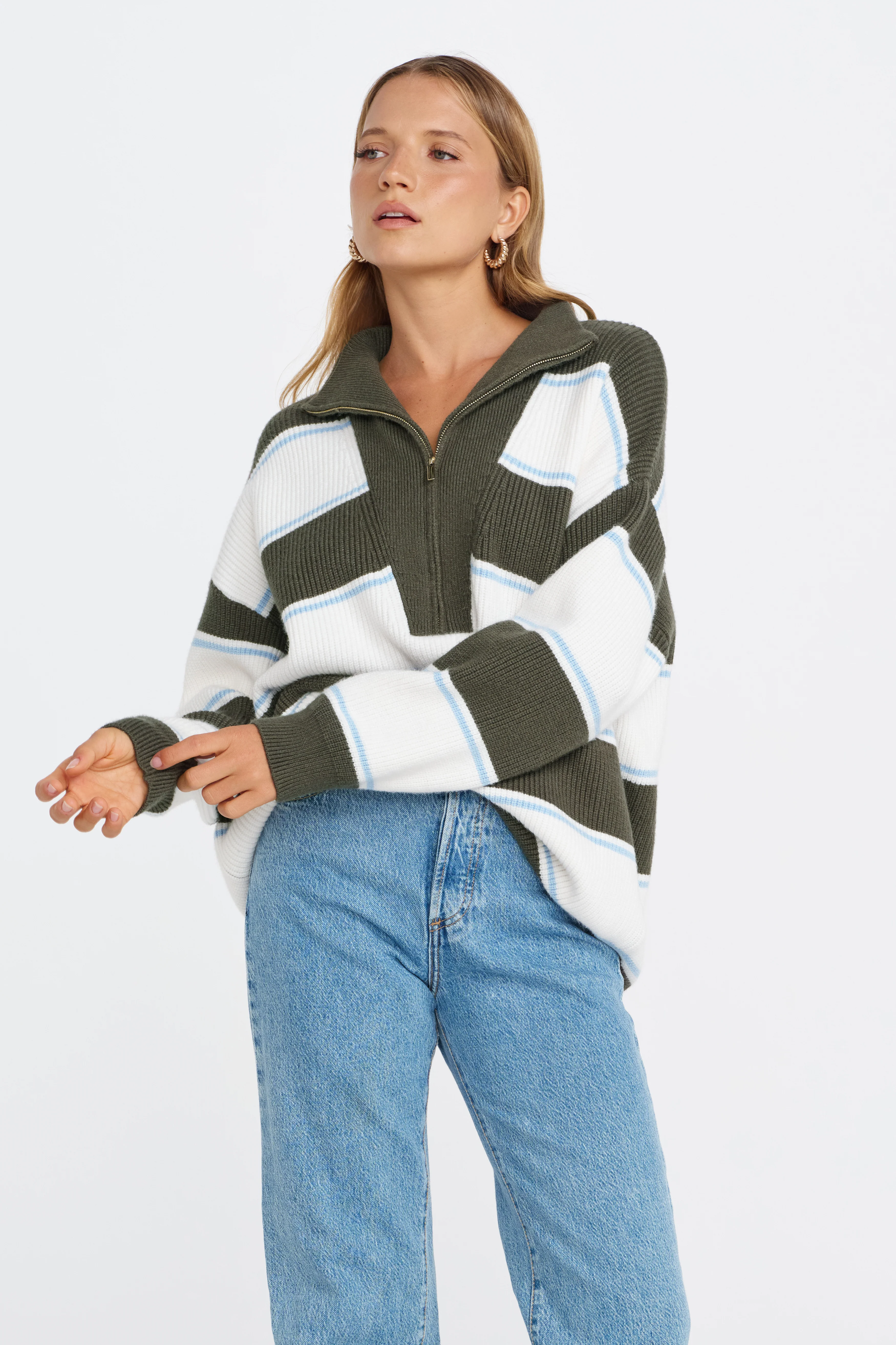 Beatrix Zip Knit Jumper - Green / White / Blue - Image 5