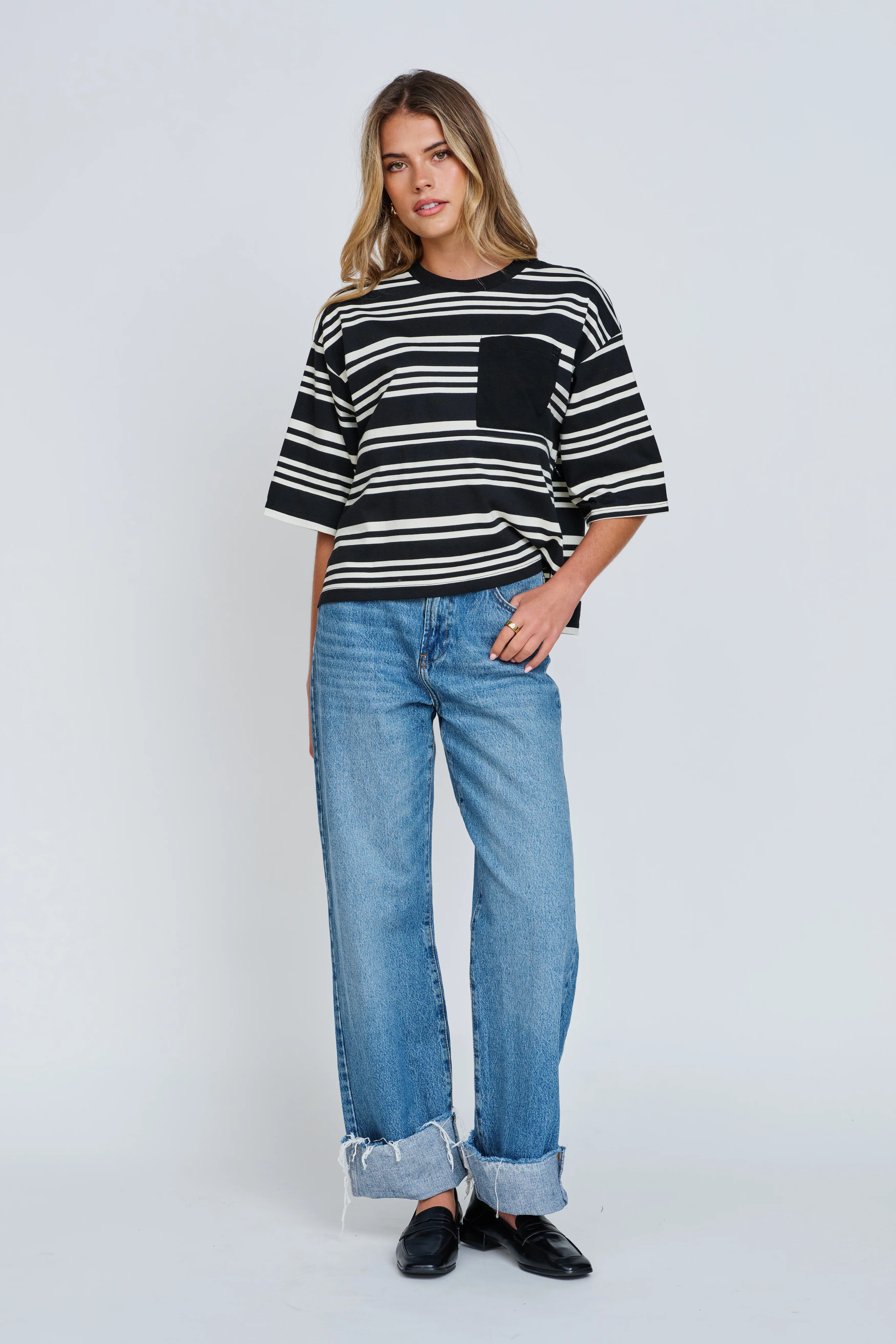Brooklyn Stripe Slouchy Panel Tee - Black / White - Image 6