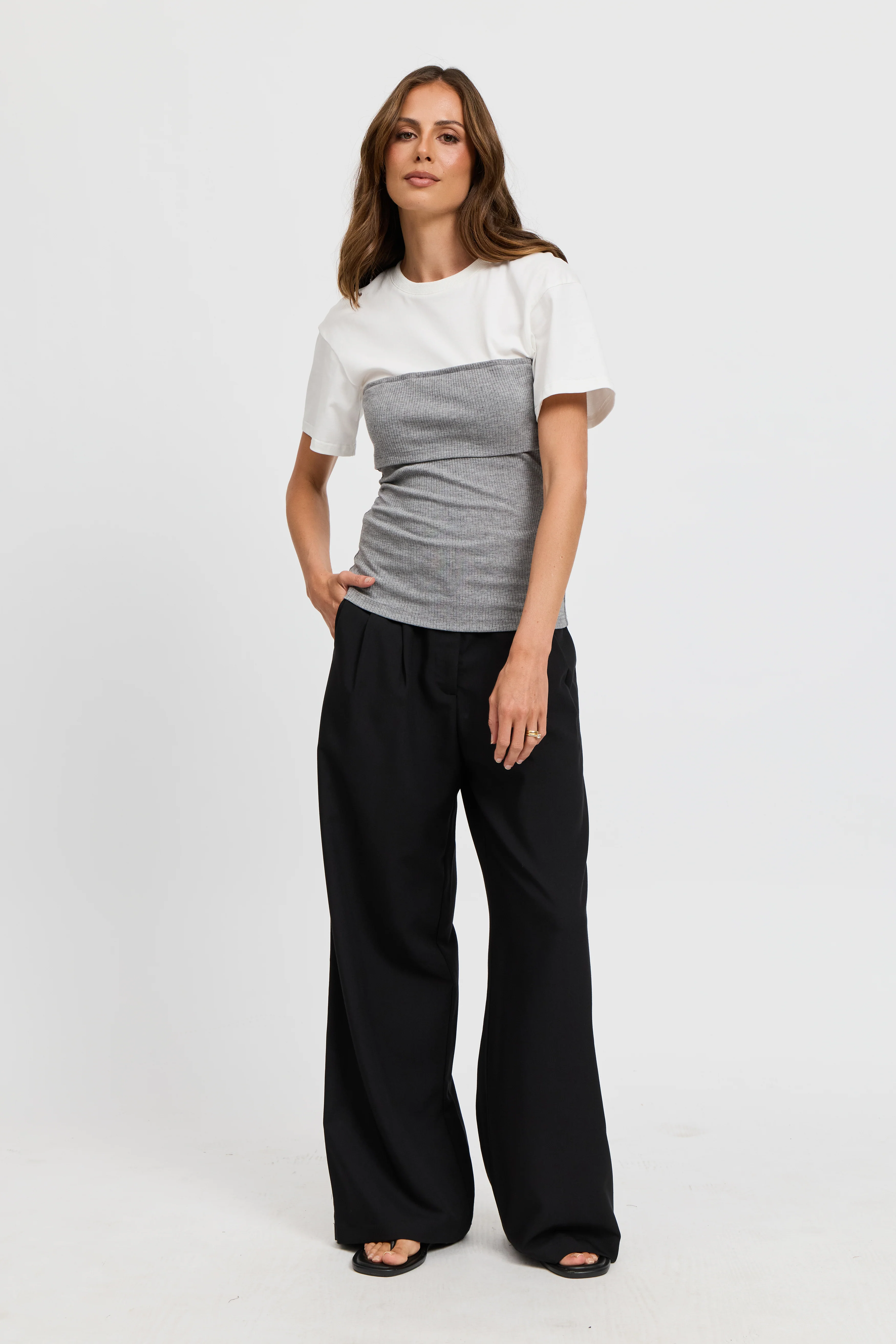 Cleo Ribbed Bodice Tee - White / Grey Marle