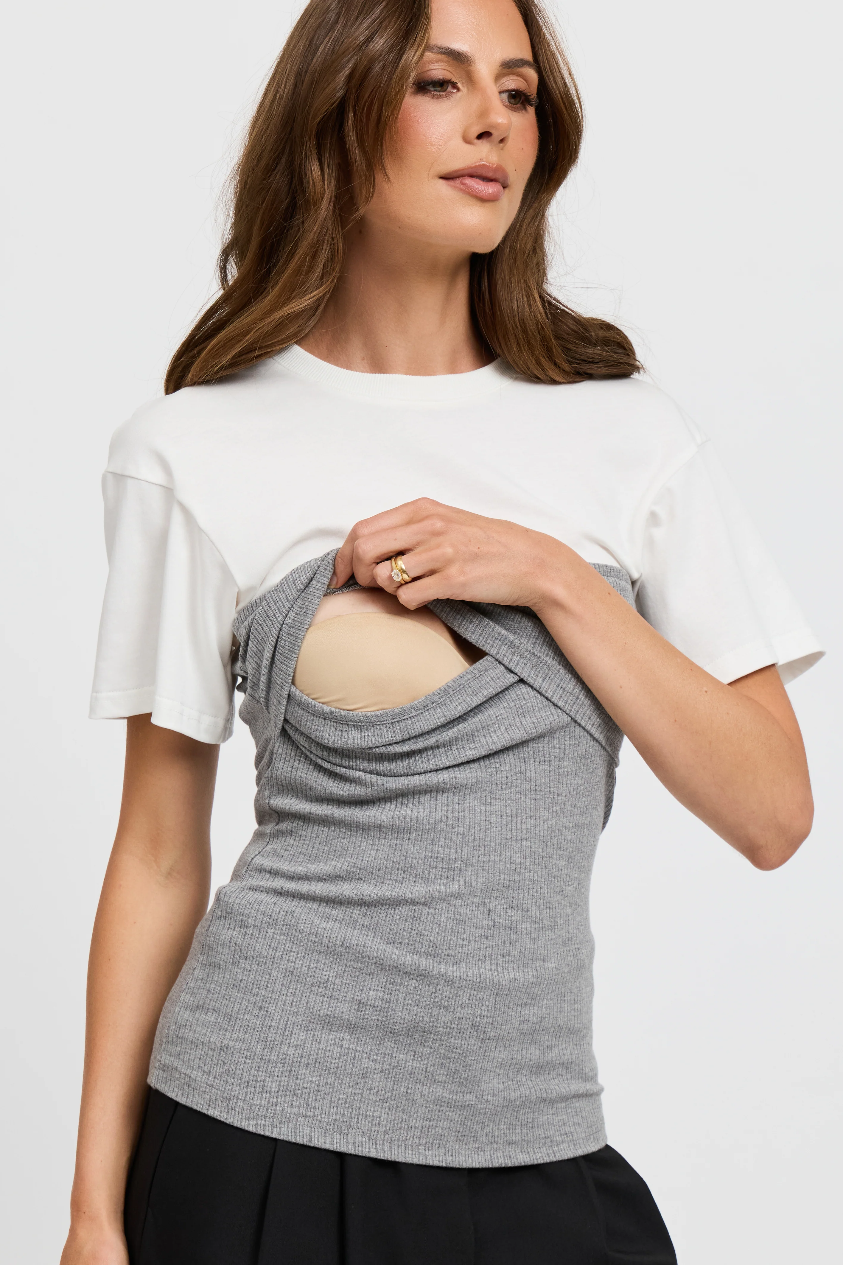 Cleo Ribbed Bodice Tee - White / Grey Marle - Image 2