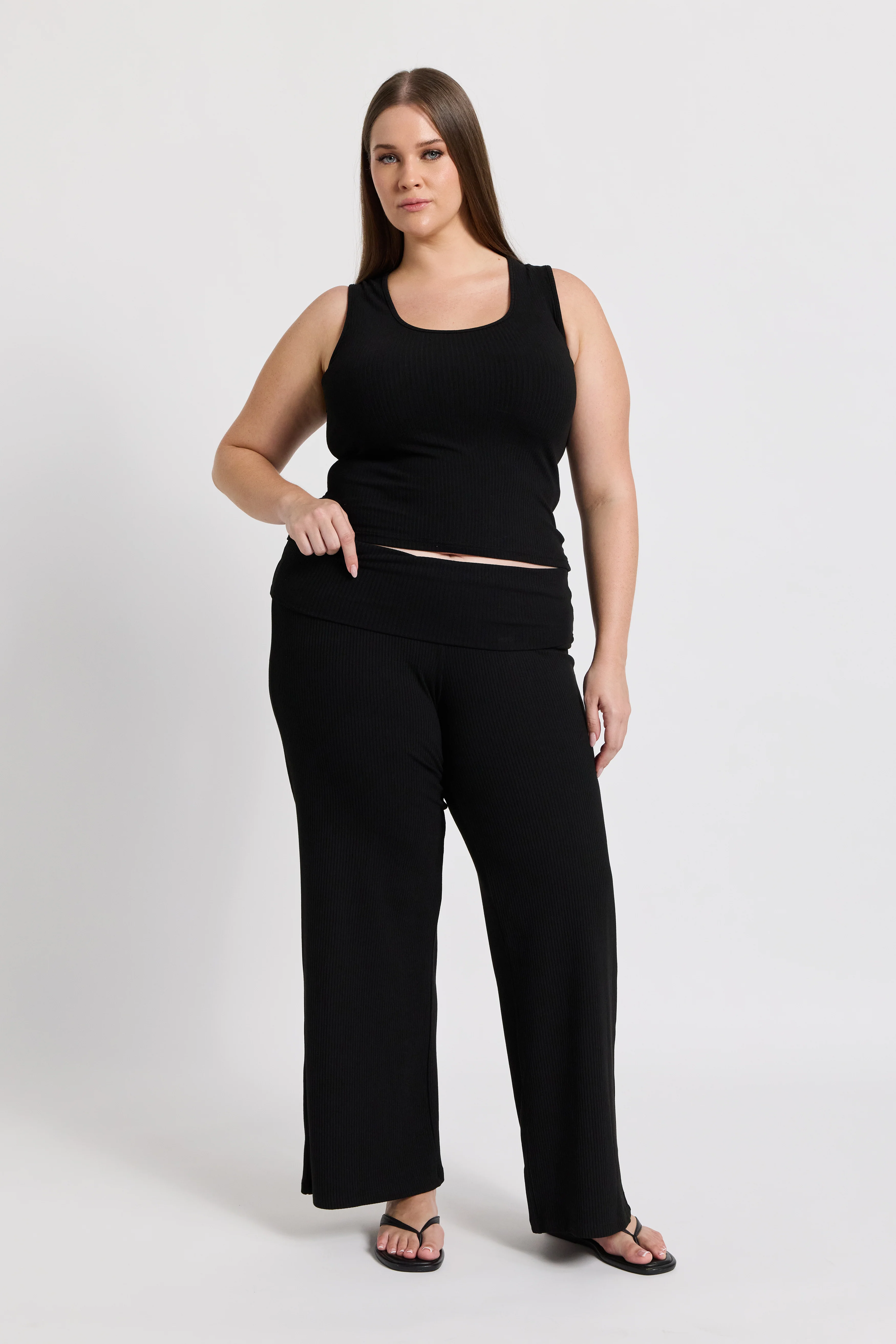 Esta Ribbed Foldover Waist Pant - Black - Image 5