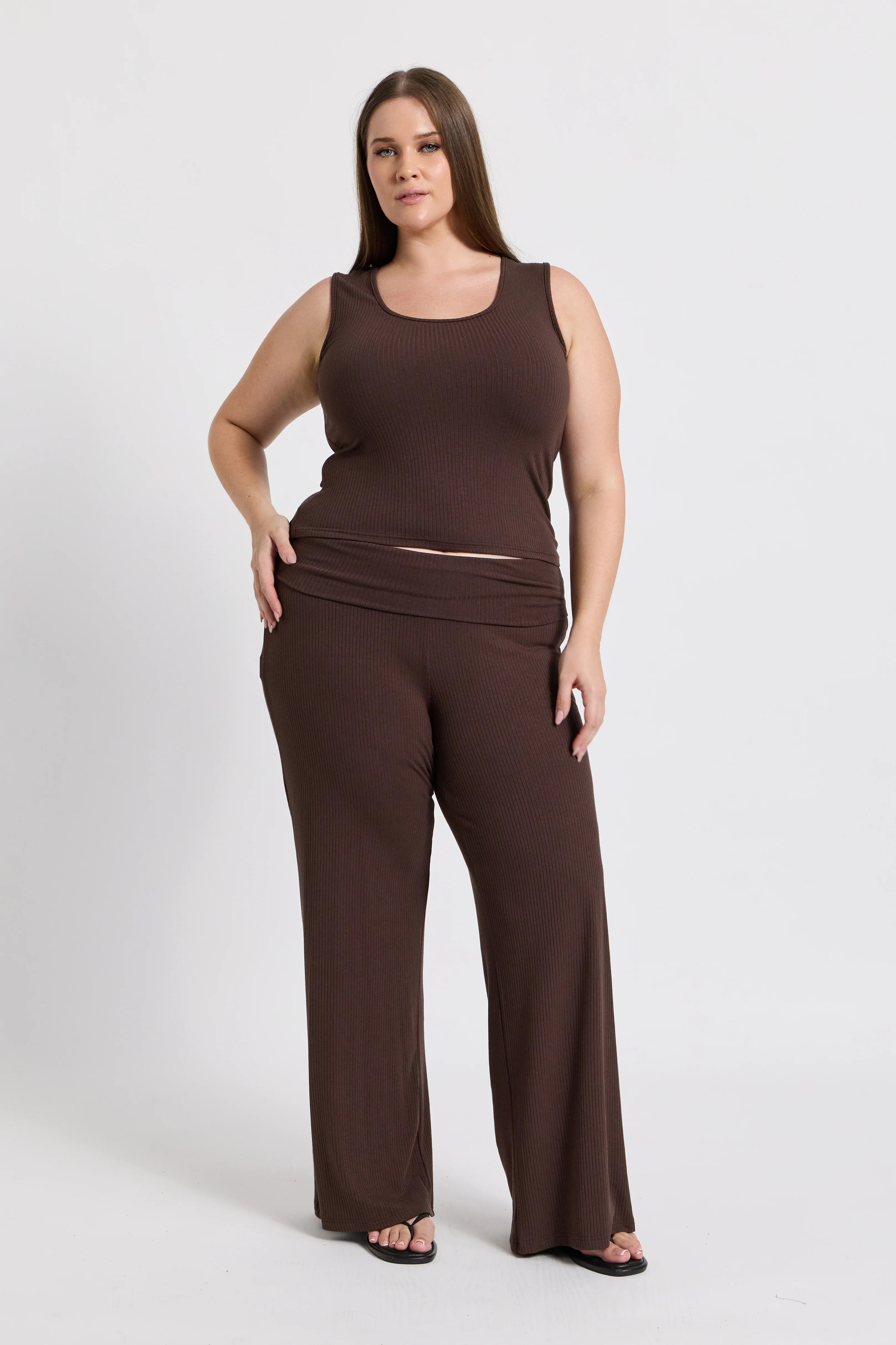 Esta Ribbed Foldover Waist Pant - Chocolate - Image 2