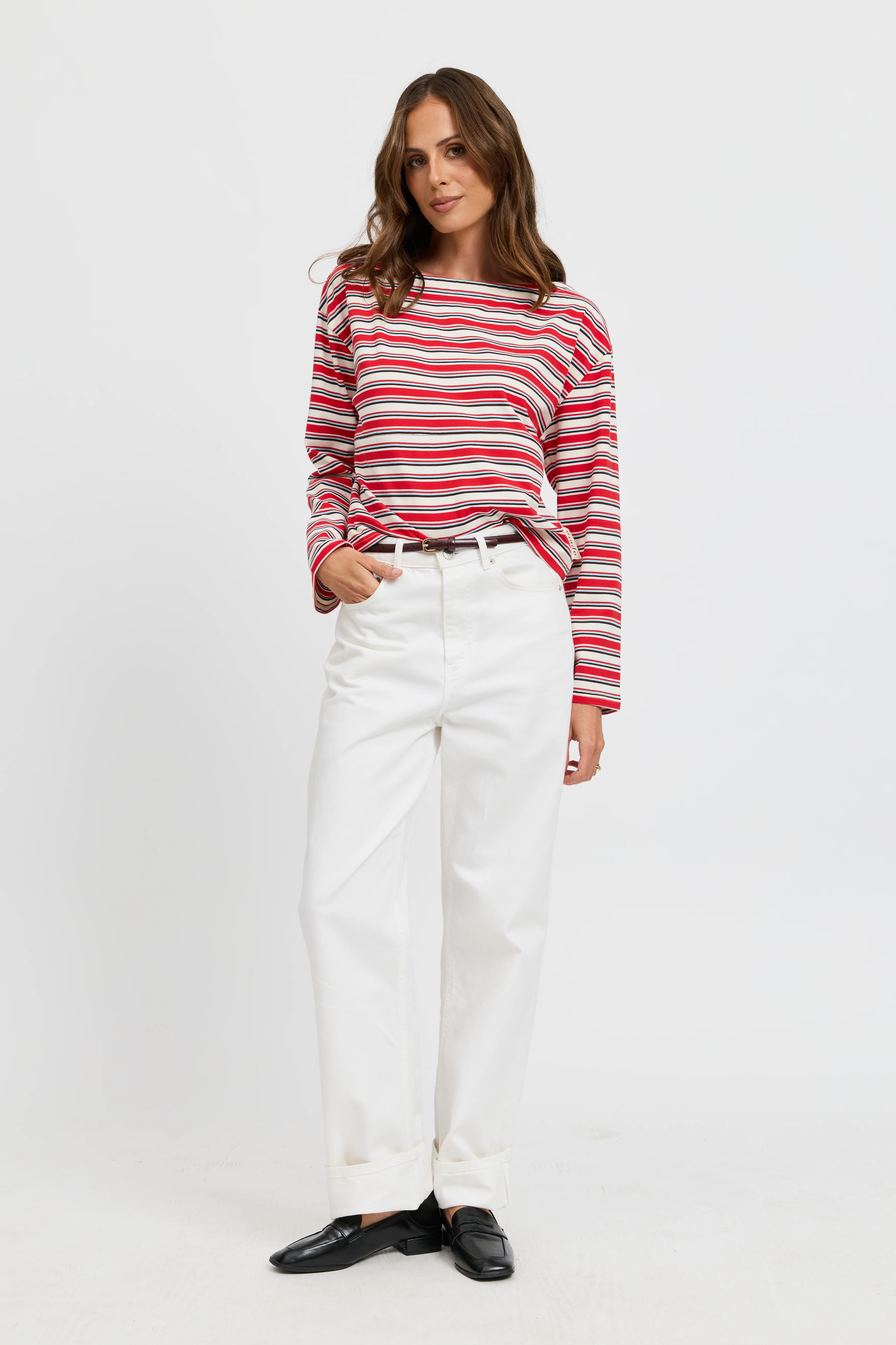 Genevieve Stripe Boatneck Long Sleeve Top - Red / White / Blue