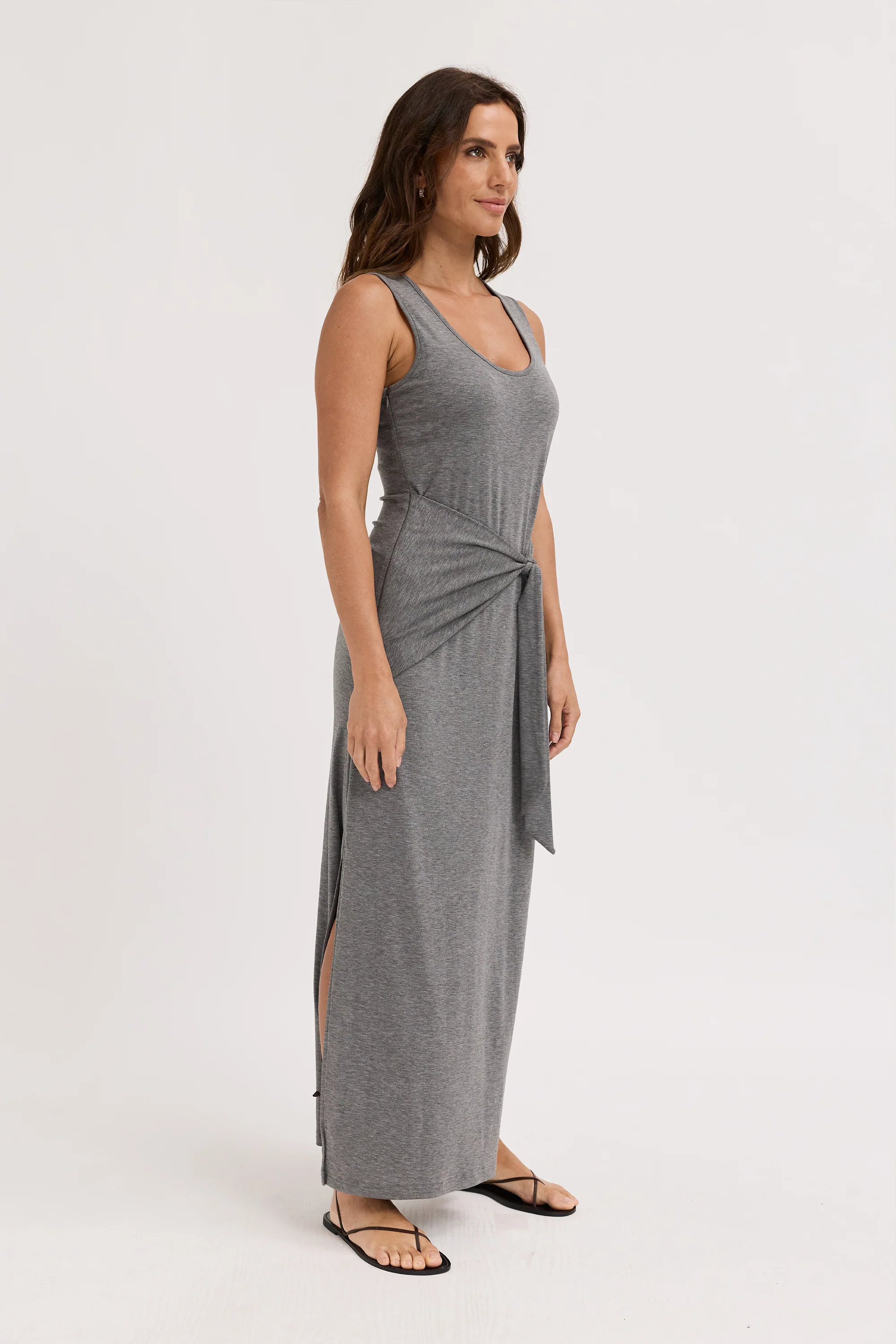 Greta Tie-Front Jersey Midi Dress - Charcoal Marle - Image 4