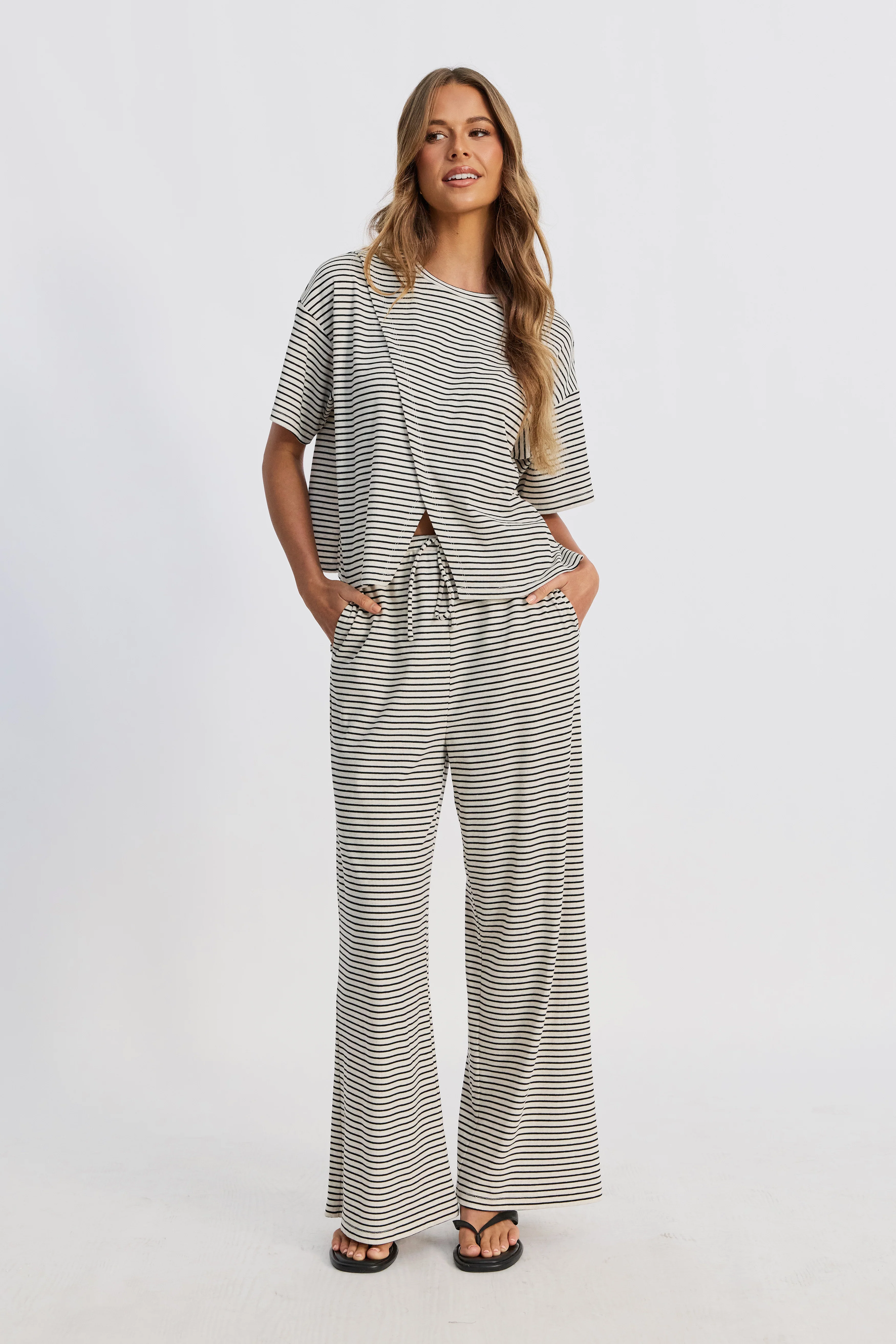Ivy Stripe Wide Leg Pants - Cream Marle / Black - Image 3