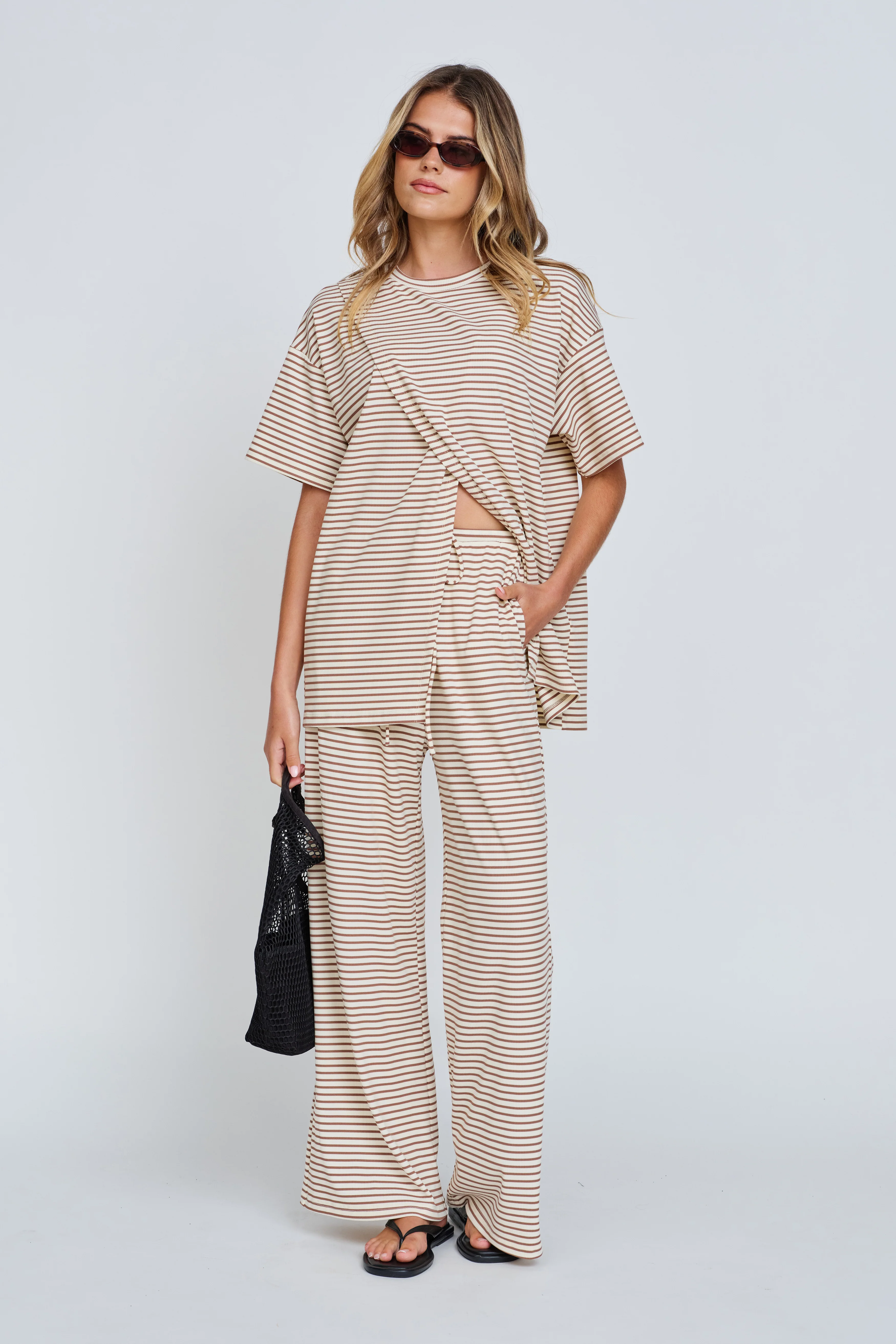 Ivy Stripe Wide Leg Pants - Cream / Tan - Image 11