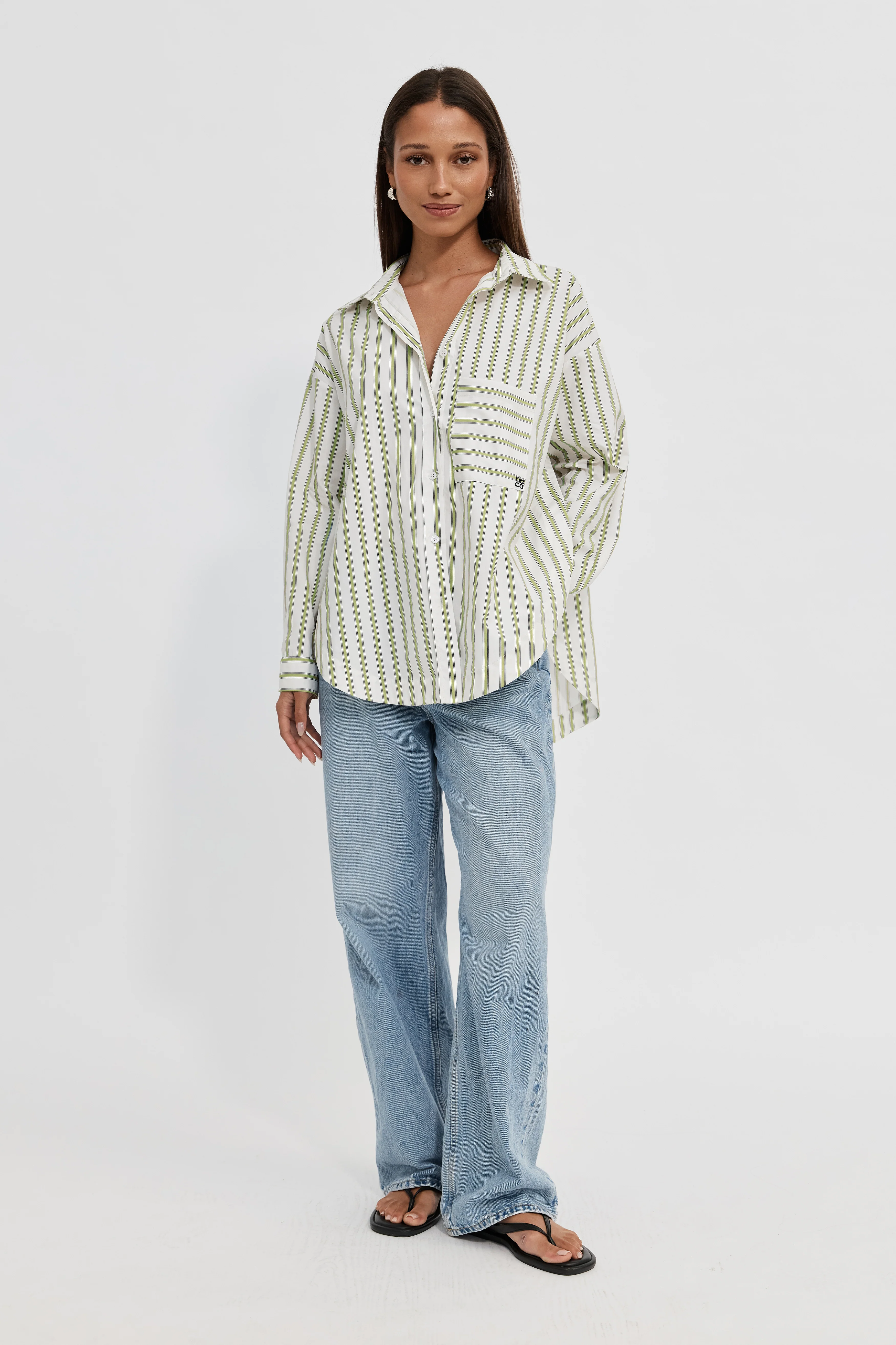 Morgan Stripe Wrap Button-Down Shirt - White / Green - Image 11