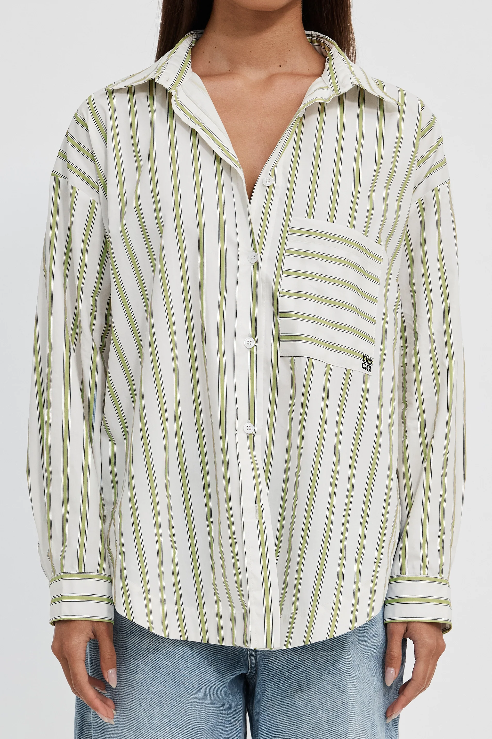Morgan Stripe Wrap Button-Down Shirt - White / Green - Image 3