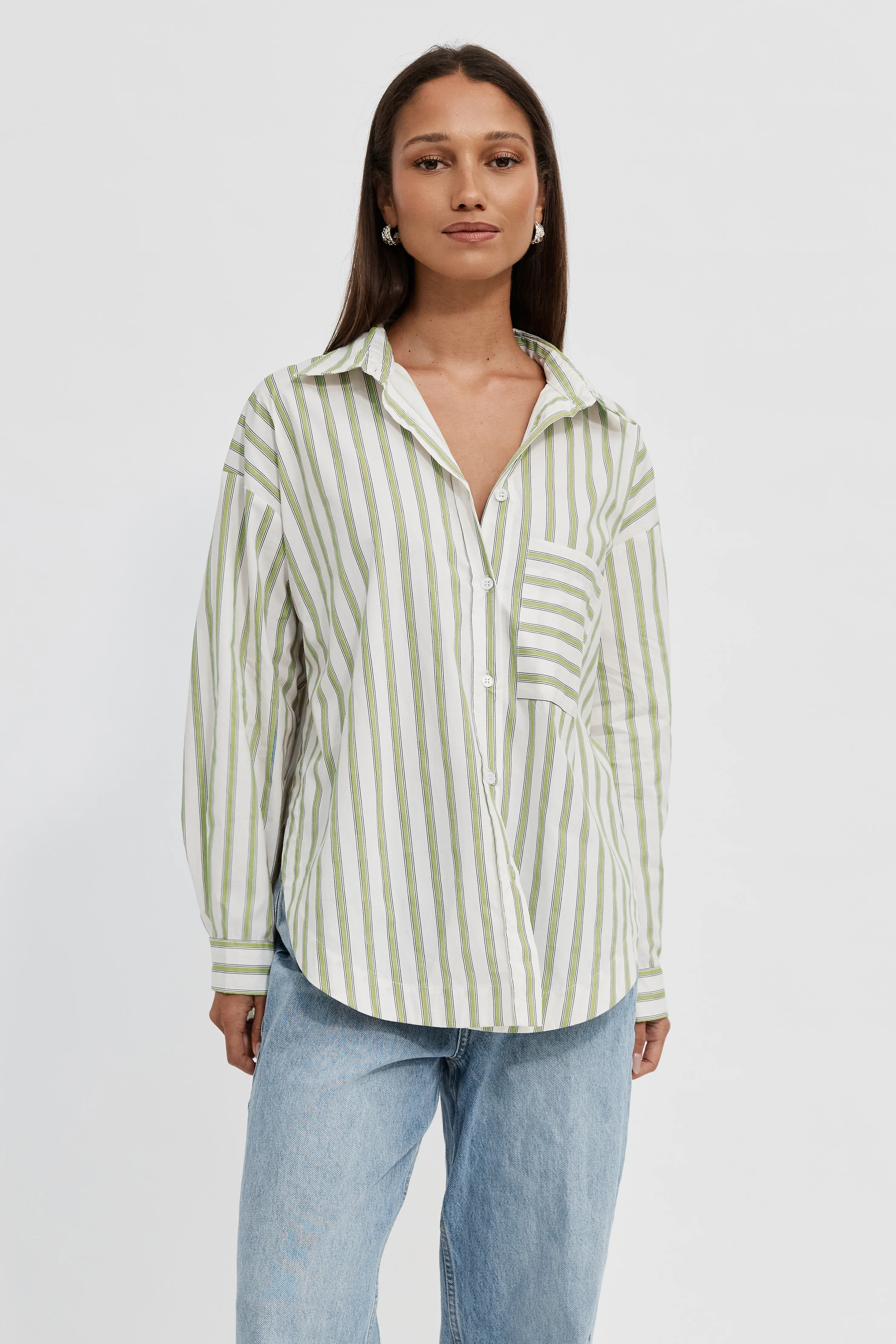 Morgan Stripe Wrap Button-Down Shirt - White / Green - Image 4