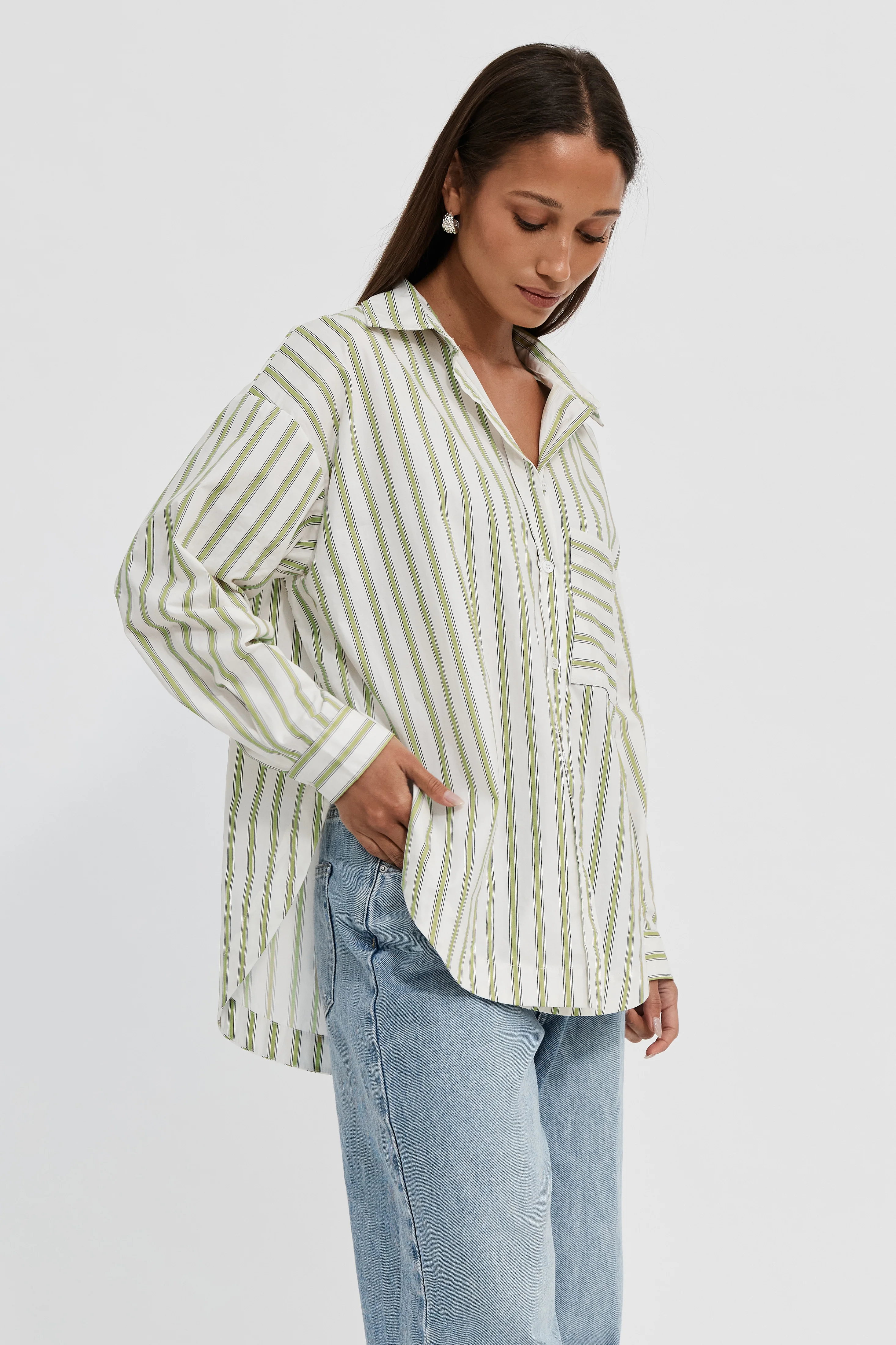 Morgan Stripe Wrap Button-Down Shirt - White / Green - Image 7