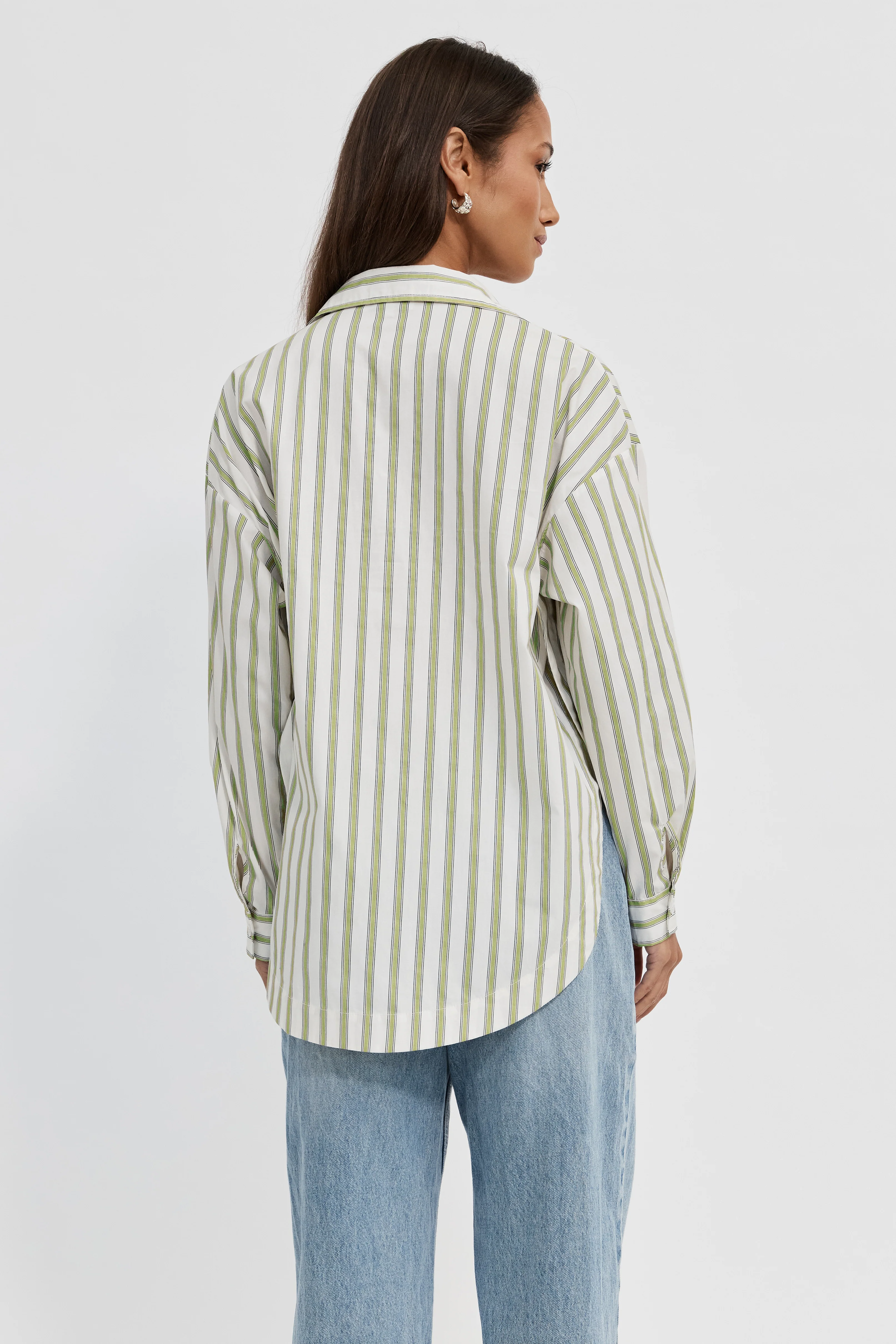 Morgan Stripe Wrap Button-Down Shirt - White / Green - Image 9