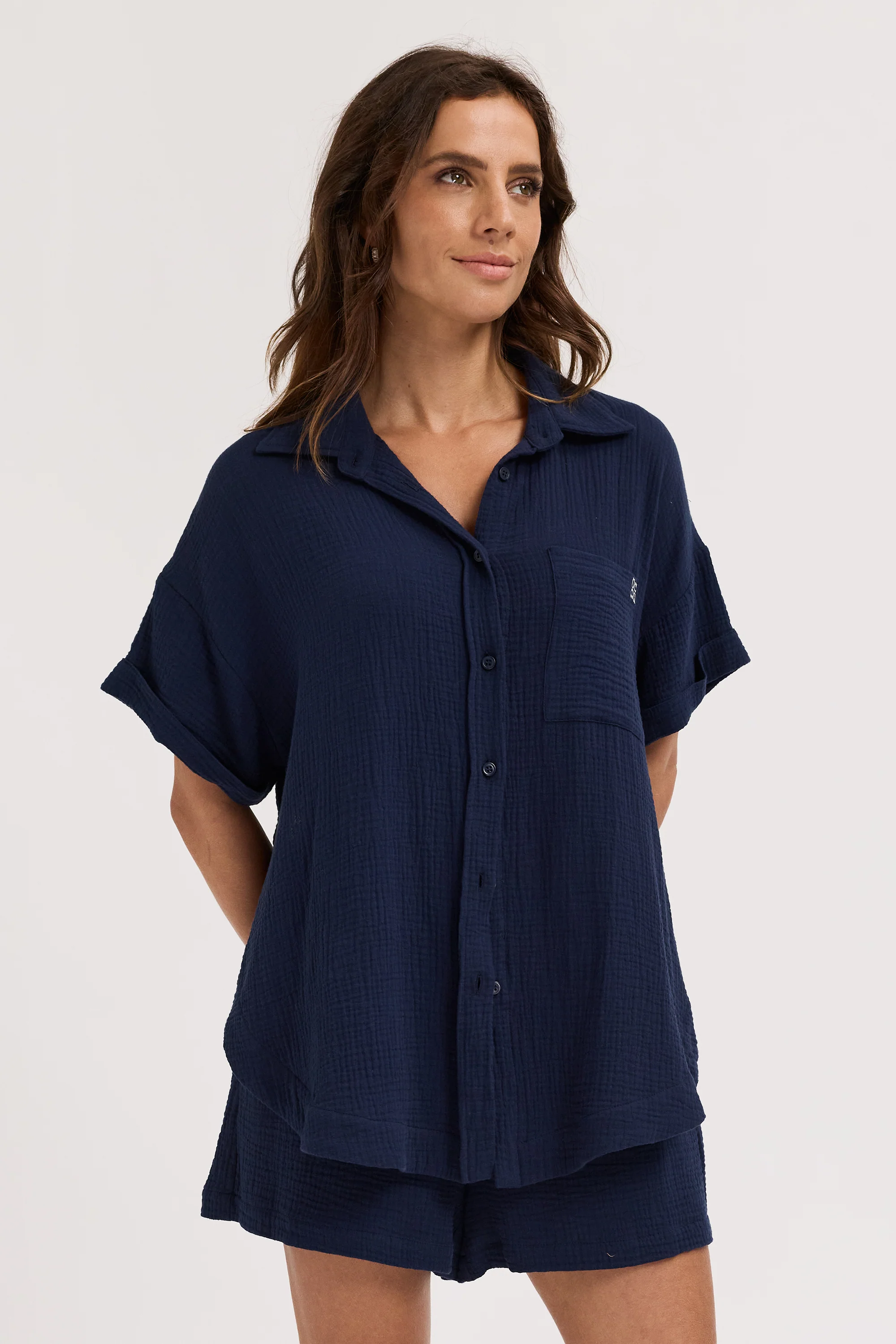 Reese Rolled Sleeve Button-Down Shirt - Navy - Image 4